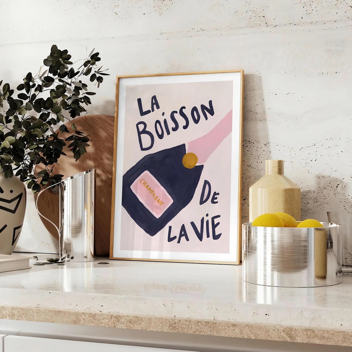 space vibrant La Boisson de Vie champagne cocktail poster popular art dynamic orange blue hues striking piece wall unique gift addition home decor available