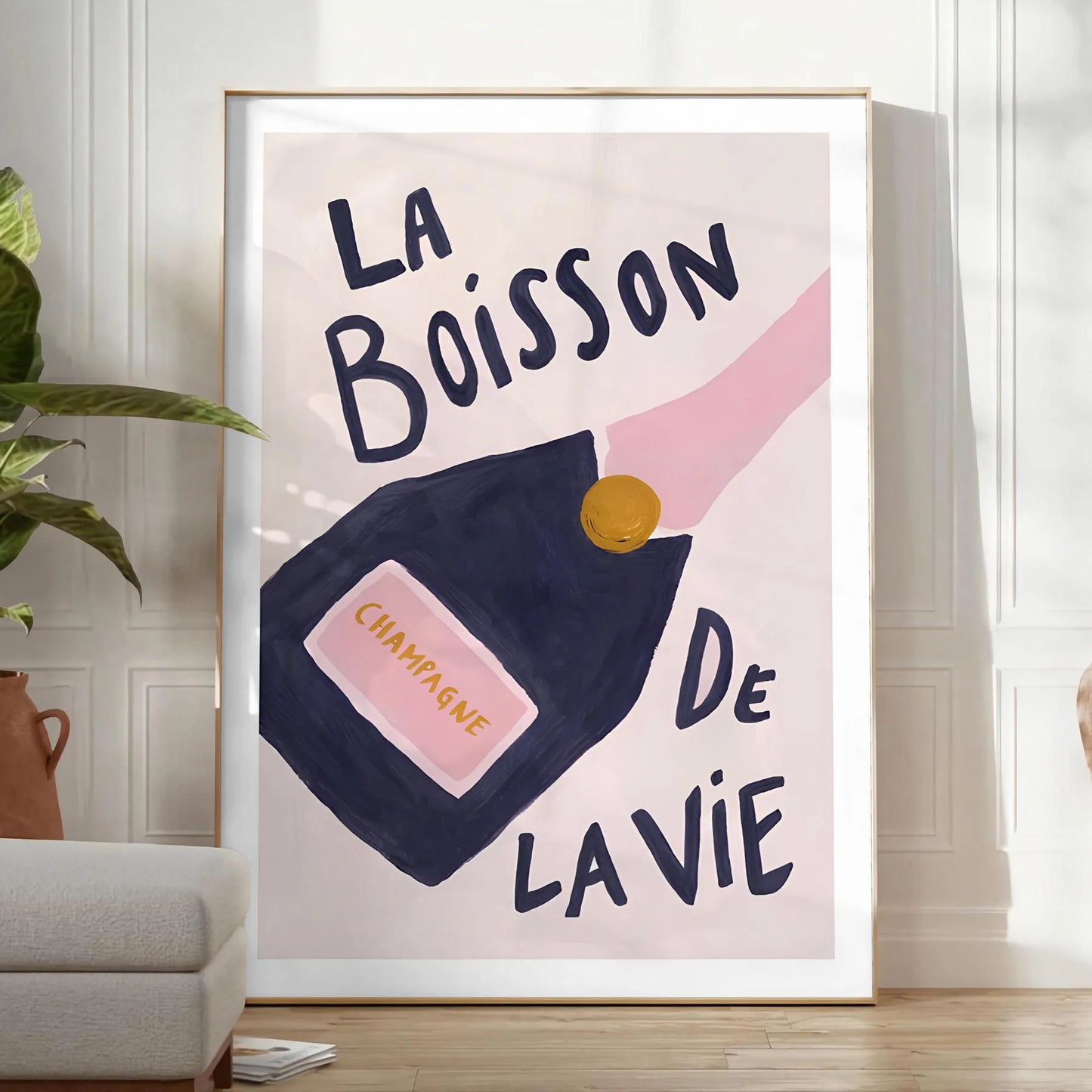 space vibrant La Boisson de Vie champagne cocktail poster popular art dynamic orange blue hues striking piece wall unique gift addition home decor available