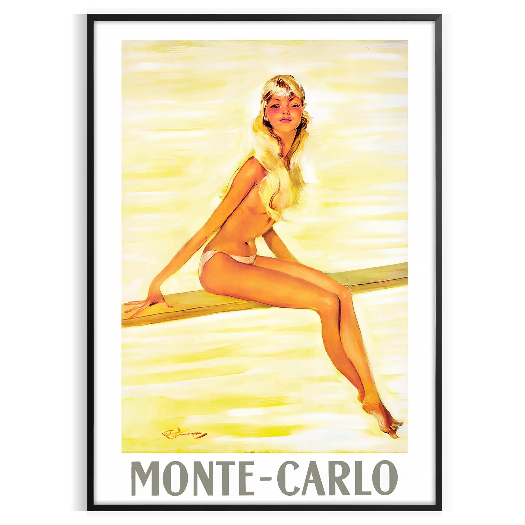 golden era travel Monte Carlo vintage poster warm brown orange hues perfect wall art addition space unique gift stunning artwork A4 cm A0 sizes