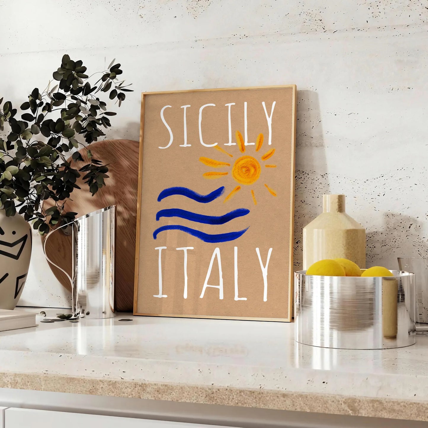 charm Sicily vintage poster vibrant blue orange hues stunning wall art piece Italy essence artwork space unique gift sizes A4 cm A0