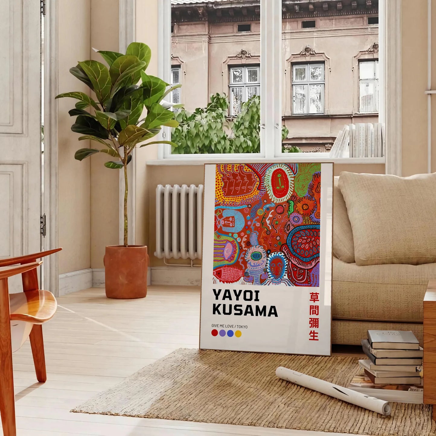 space mesmerizing poster Yayoi Kusama art vibrant green orange hues eye artwork perfect gift lovers splash creativity wall sizes A4 cm A0