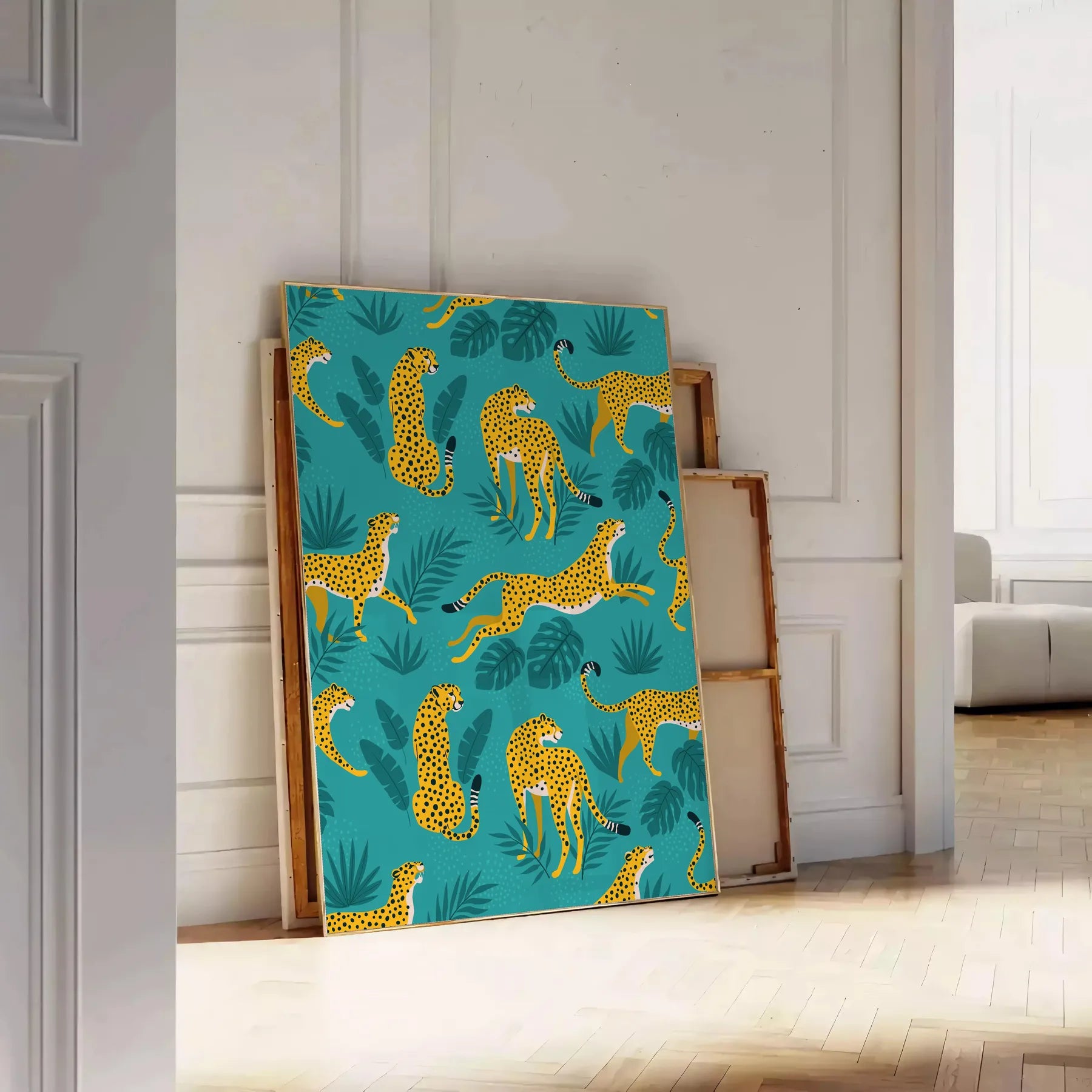 space striking cheetah poster bold black green tones eye wall art perfect wildlife enthusiasts unique artwork gift unframed edition room captivating jungle oasis