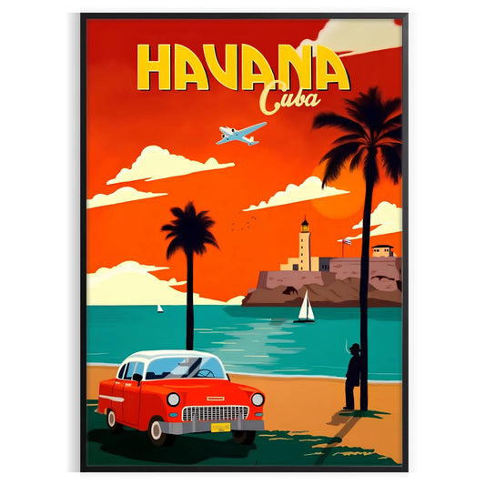 space Havana Cuba vintage travel poster rich shades blue red striking wall art essence retro charm gift decor piece multiple sizes A4 A0