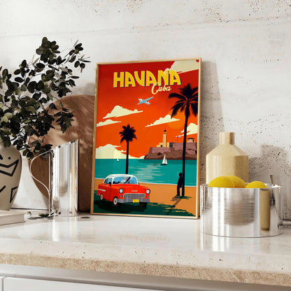 space Havana Cuba vintage travel poster rich shades blue red striking wall art essence retro charm gift decor piece multiple sizes A4 A0