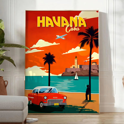 space Havana Cuba vintage travel poster rich shades blue red striking wall art essence retro charm gift decor piece multiple sizes A4 A0