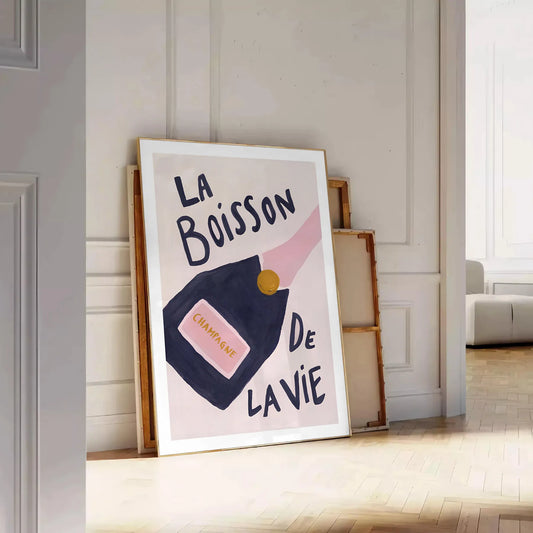 space vibrant La Boisson de Vie champagne cocktail poster popular art dynamic orange blue hues striking piece wall unique gift addition home decor available