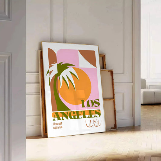 stunning Los Angeles California vintage travel poster vibrant orange green hues wall art captivating artwork nostalgic touch room unique gift sizes A4 cm A0