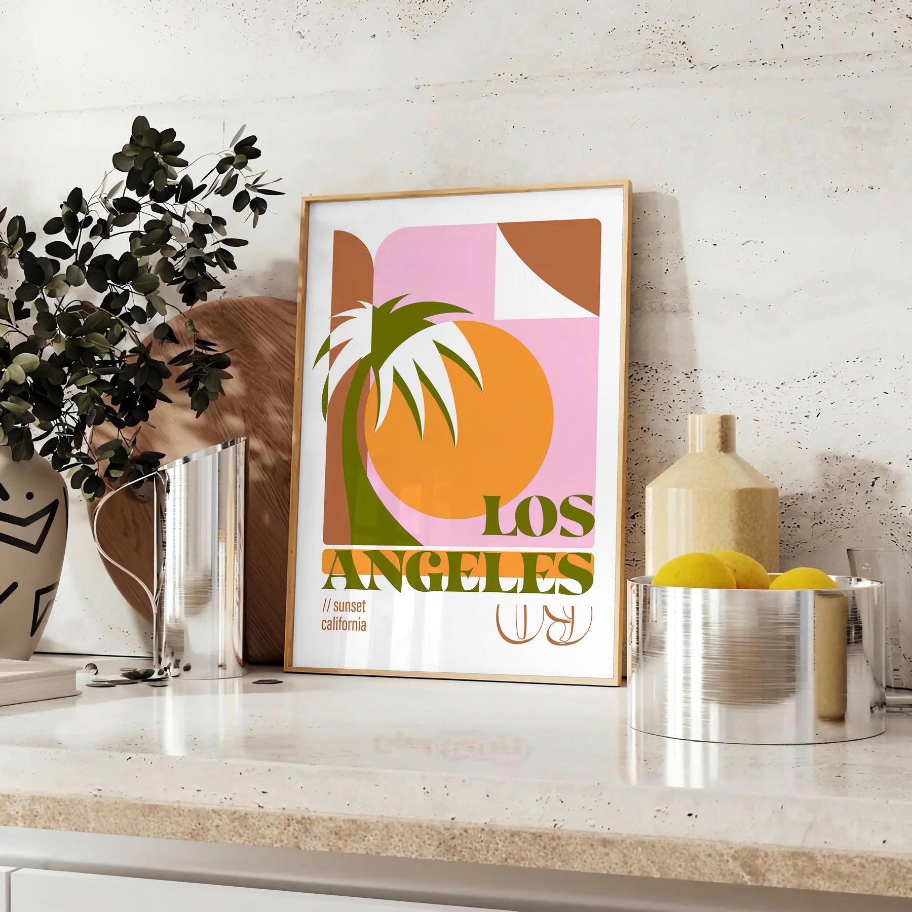 stunning Los Angeles California vintage travel poster vibrant orange green hues wall art captivating artwork nostalgic touch room unique gift sizes A4 cm A0