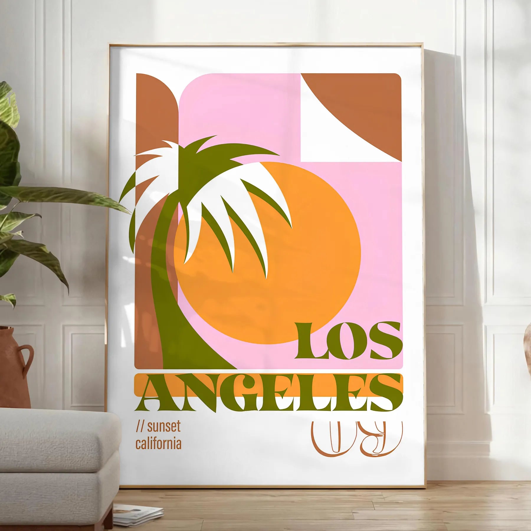 stunning Los Angeles California vintage travel poster vibrant orange green hues wall art captivating artwork nostalgic touch room unique gift sizes A4 cm A0