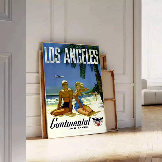 Los Angeles vintage travel poster lush green crisp white hues wall art thoughtful gift artwork charm LA golden era decor stylish print available