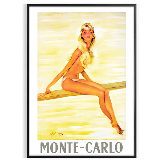 golden era travel Monte Carlo vintage poster warm brown orange hues perfect wall art addition space unique gift stunning artwork A4 cm A0 sizes