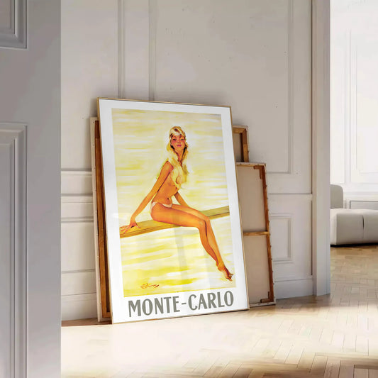 golden era travel Monte Carlo vintage poster warm brown orange hues perfect wall art addition space unique gift stunning artwork A4 cm A0 sizes