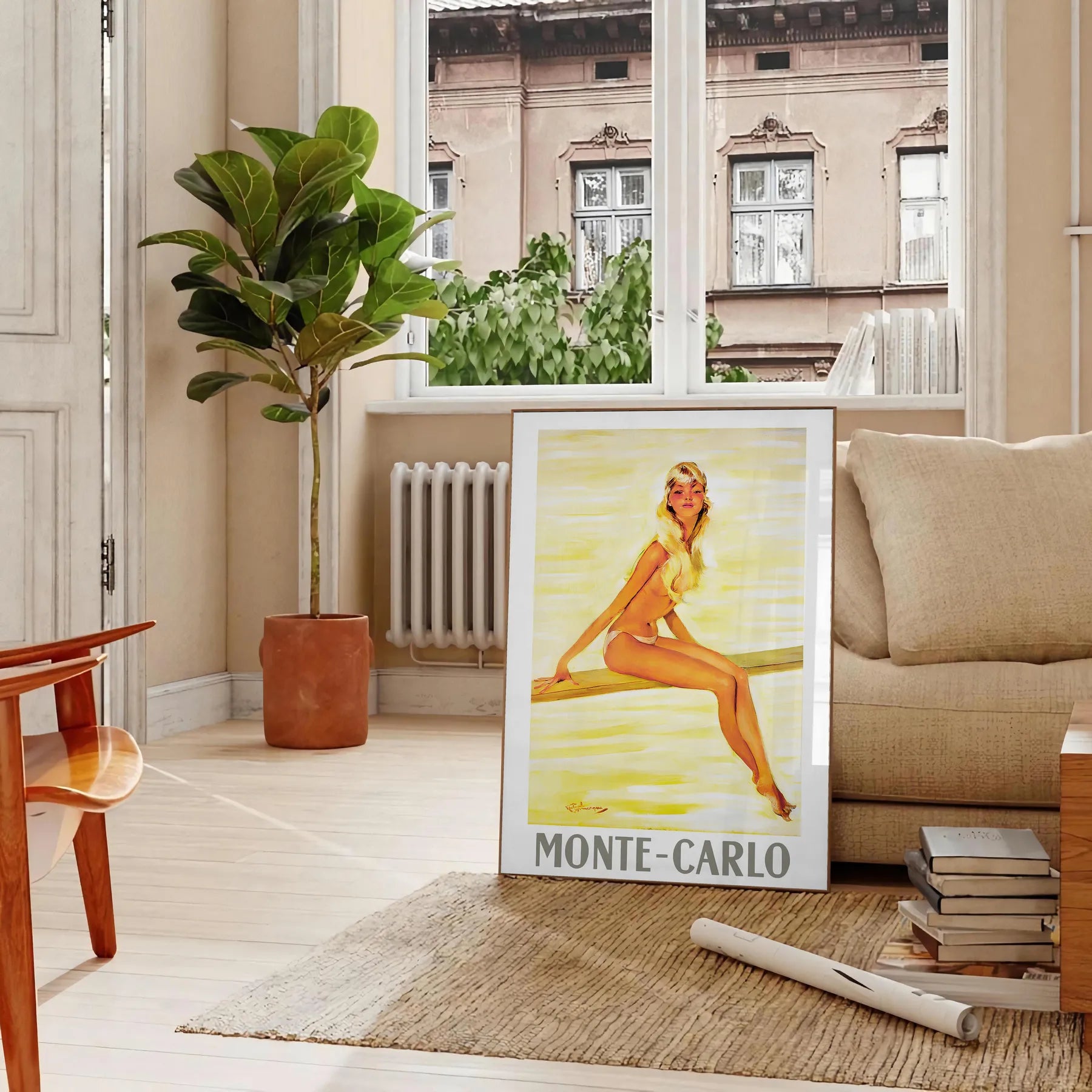 golden era travel Monte Carlo vintage poster warm brown orange hues perfect wall art addition space unique gift stunning artwork A4 cm A0 sizes