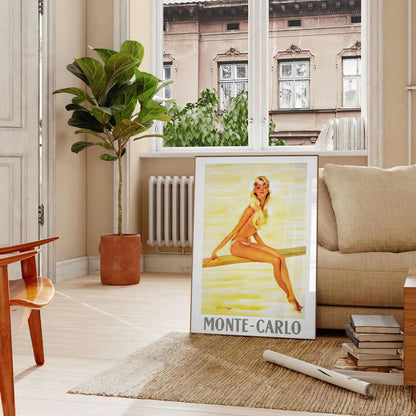 golden era travel Monte Carlo vintage poster warm brown orange hues perfect wall art addition space unique gift stunning artwork A4 cm A0 sizes