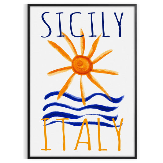 charm Sicily Italy vintage poster vibrant blue orange hues wall art thoughtful gift captivating print touch Mediterranean elegance space sizes A4 cm A0