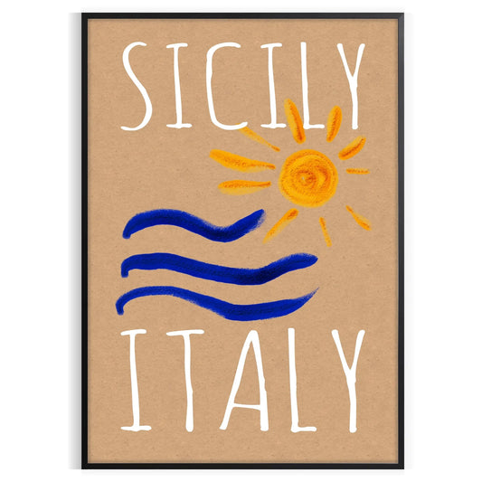 charm Sicily vintage poster vibrant blue orange hues stunning wall art piece Italy essence artwork space unique gift sizes A4 cm A0