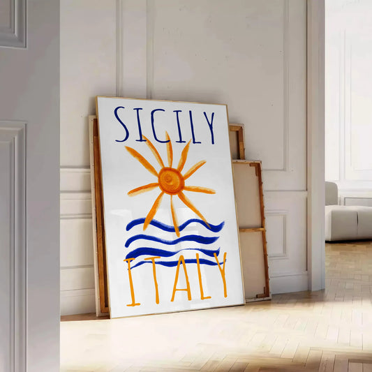 charm Sicily Italy vintage poster vibrant blue orange hues wall art thoughtful gift captivating print touch Mediterranean elegance space sizes A4 cm A0