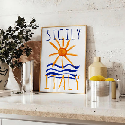 charm Sicily Italy vintage poster vibrant blue orange hues wall art thoughtful gift captivating print touch Mediterranean elegance space sizes A4 cm A0