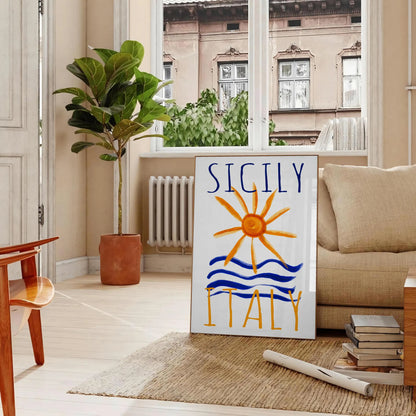 charm Sicily Italy vintage poster vibrant blue orange hues wall art thoughtful gift captivating print touch Mediterranean elegance space sizes A4 cm A0
