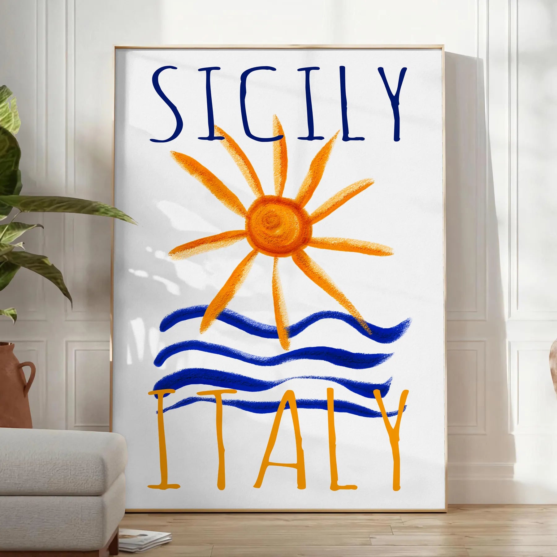 charm Sicily Italy vintage poster vibrant blue orange hues wall art thoughtful gift captivating print touch Mediterranean elegance space sizes A4 cm A0