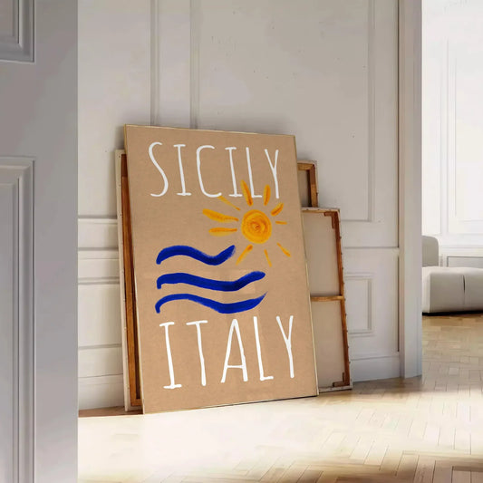 charm Sicily vintage poster vibrant blue orange hues stunning wall art piece Italy essence artwork space unique gift sizes A4 cm A0