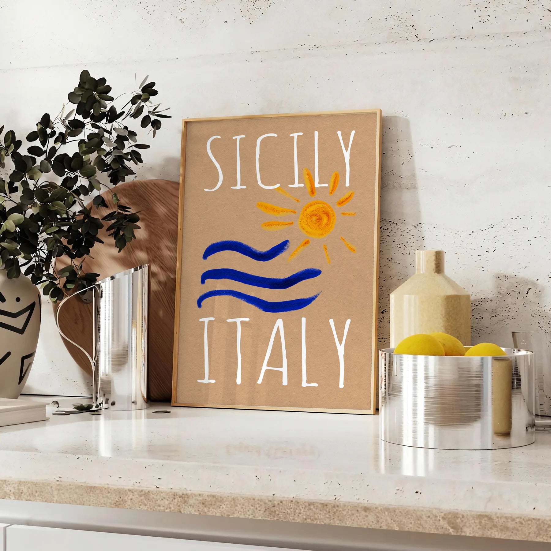 charm Sicily vintage poster vibrant blue orange hues stunning wall art piece Italy essence artwork space unique gift sizes A4 cm A0