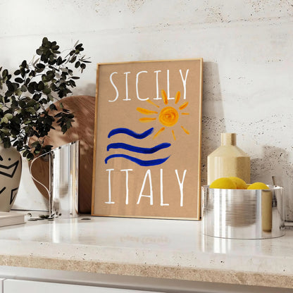 charm Sicily vintage poster vibrant blue orange hues stunning wall art piece Italy essence artwork space unique gift sizes A4 cm A0