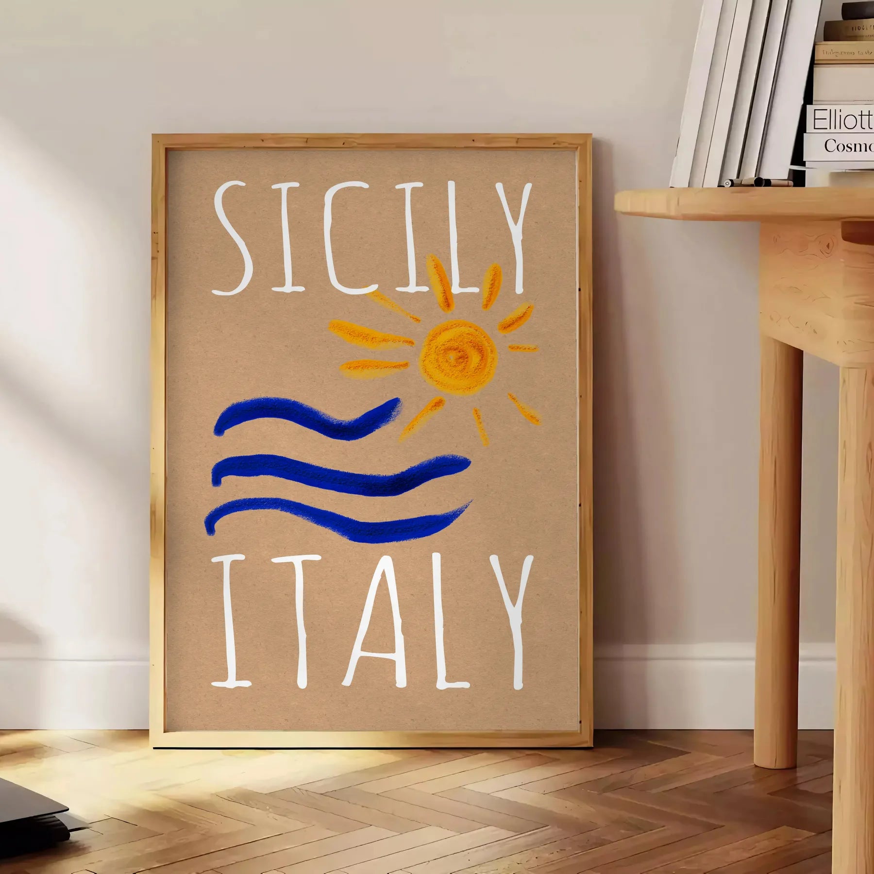 charm Sicily vintage poster vibrant blue orange hues stunning wall art piece Italy essence artwork space unique gift sizes A4 cm A0