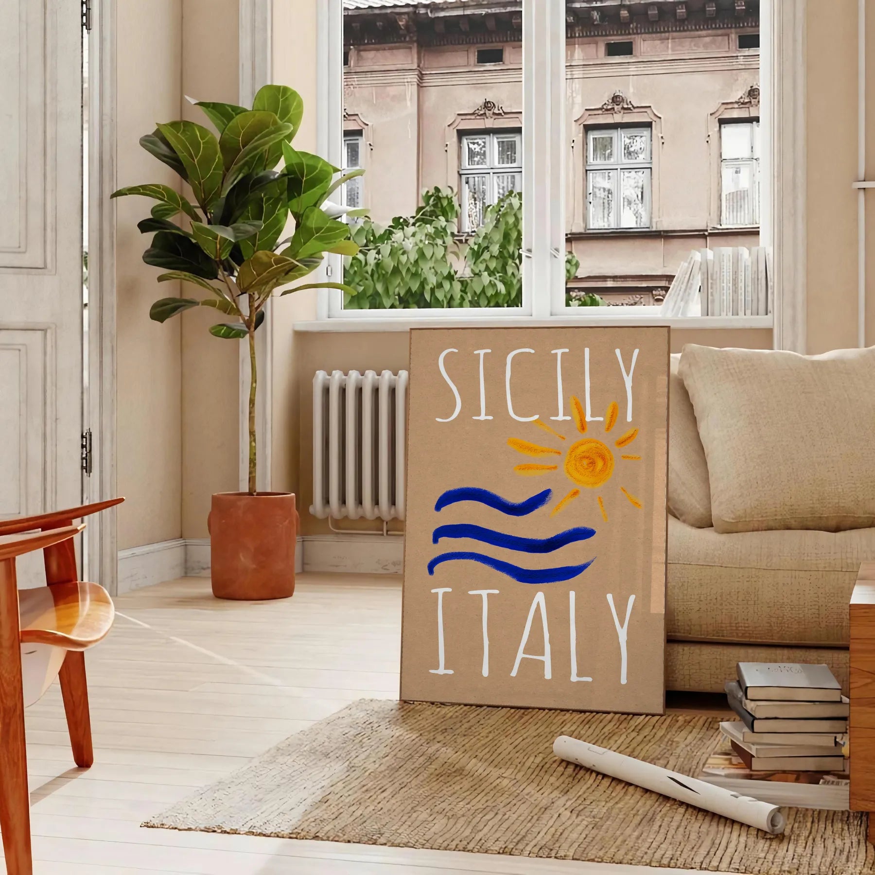 charm Sicily vintage poster vibrant blue orange hues stunning wall art piece Italy essence artwork space unique gift sizes A4 cm A0
