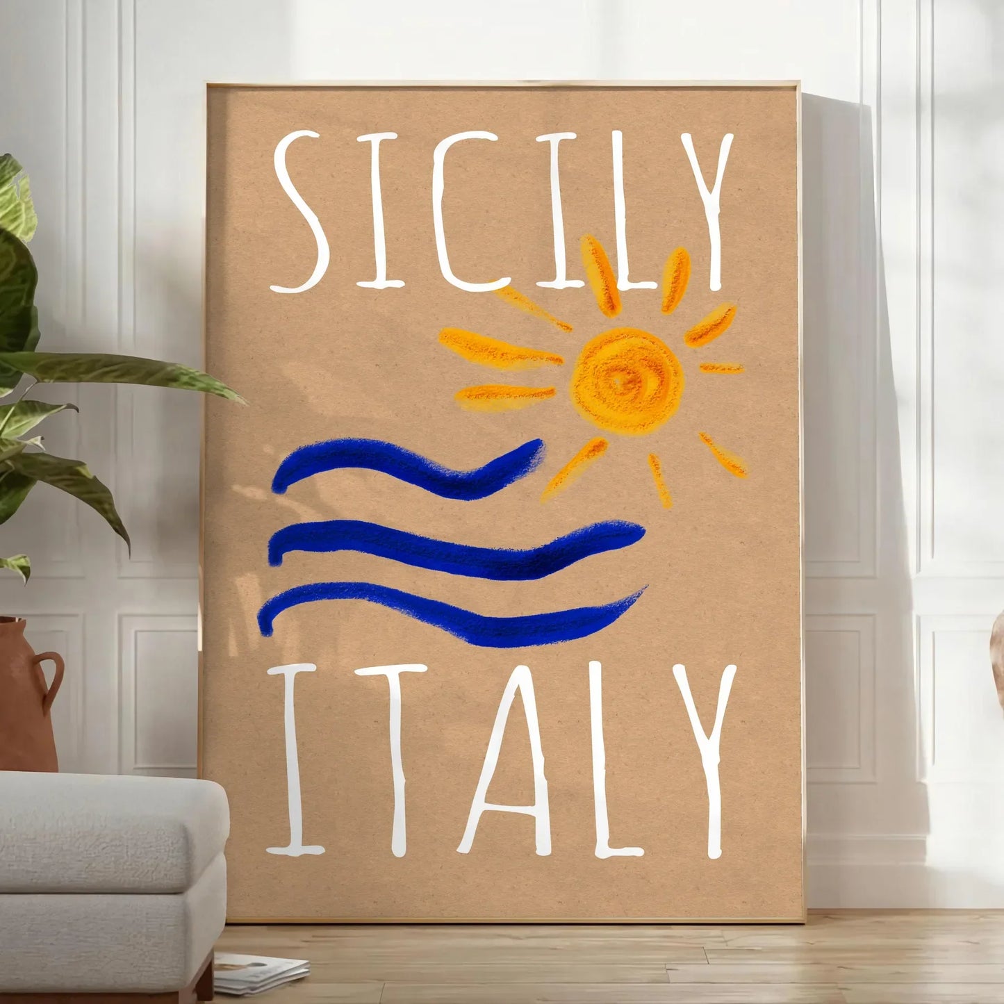 charm Sicily vintage poster vibrant blue orange hues stunning wall art piece Italy essence artwork space unique gift sizes A4 cm A0