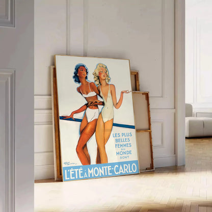 allure sun getaway Summer Monte Carlo vintage travel poster vibrant orange white hues captivating wall art perfect standout piece thoughtful gift style