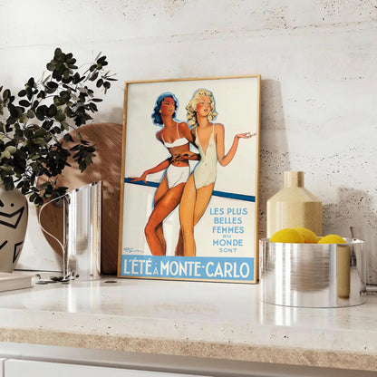 allure sun getaway Summer Monte Carlo vintage travel poster vibrant orange white hues captivating wall art perfect standout piece thoughtful gift style