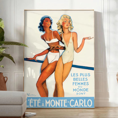 allure sun getaway Summer Monte Carlo vintage travel poster vibrant orange white hues captivating wall art perfect standout piece thoughtful gift style