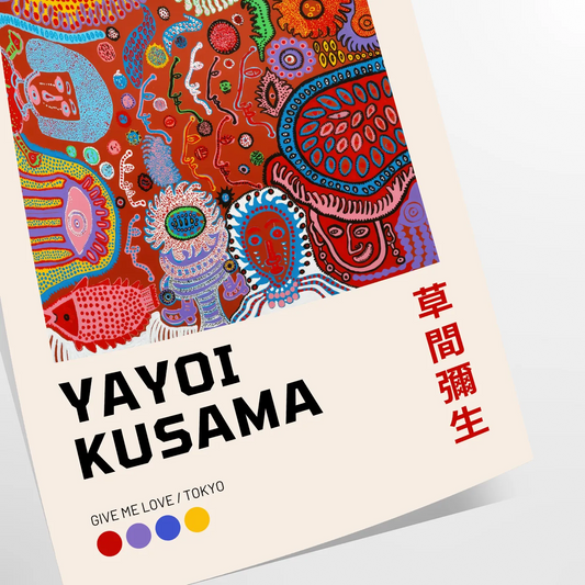 space mesmerizing poster Yayoi Kusama art vibrant green orange hues eye artwork perfect gift lovers splash creativity wall sizes A4 cm A0